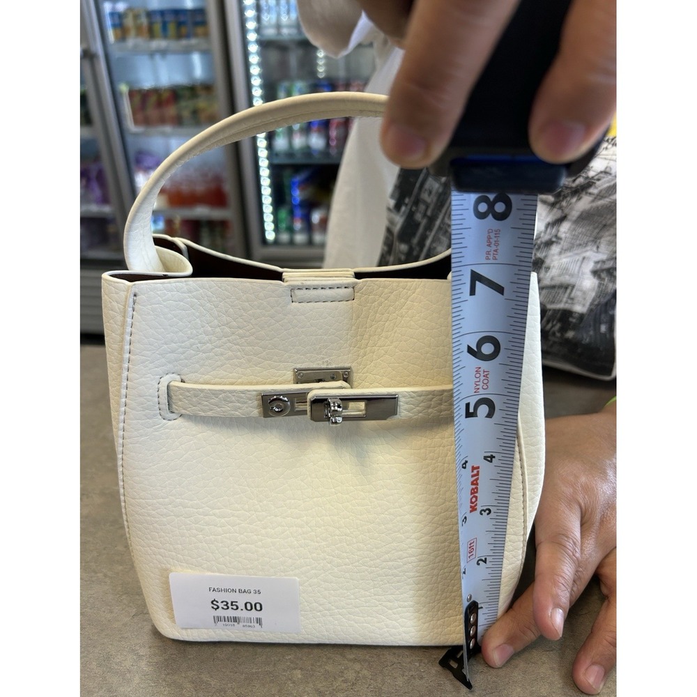 White Pebbled Small Top Handle Bag Silver Turn Lock, Detachable Strap